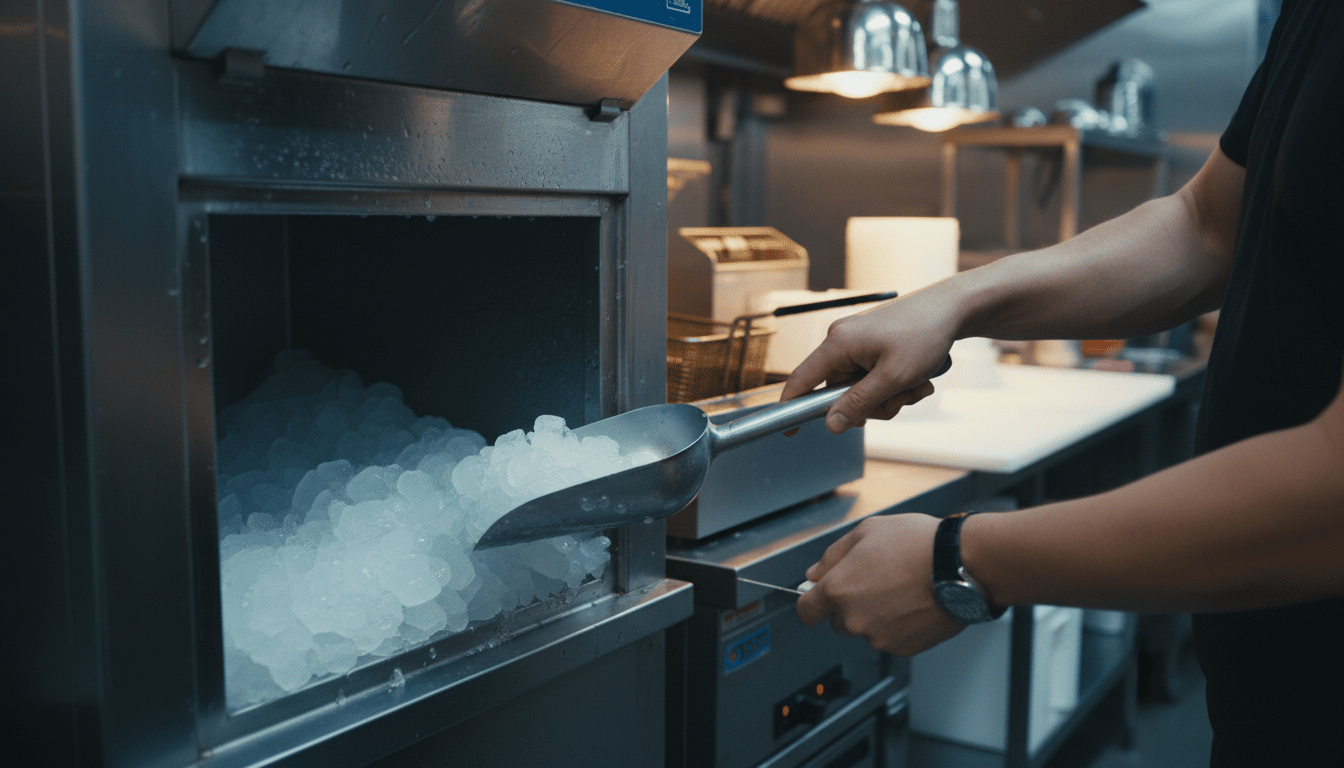 Main sans gant attrapant une pelle à glaçons en cuisine