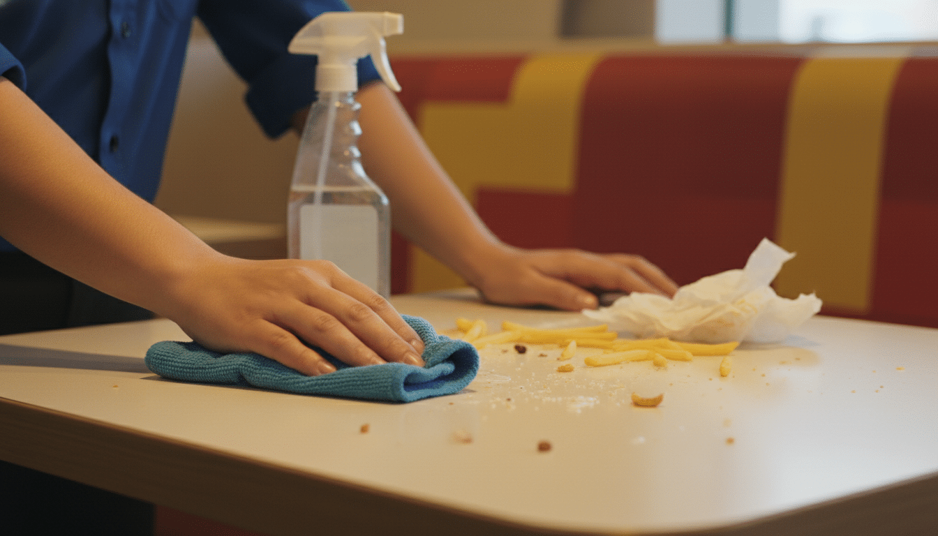 Nettoyage d'une table dans un restaurant rapide