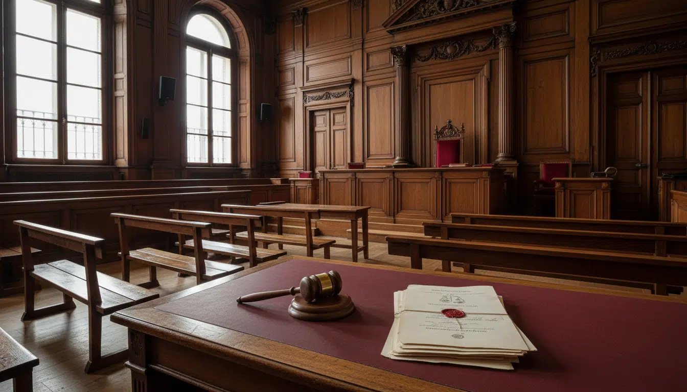 Intérieur d'un tribunal français avec maillet et documents officiels, évoquant la condamnation pour fraude fiscale