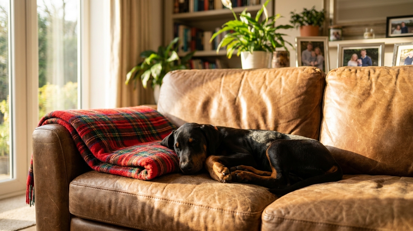 Jeune Doberman blotti sur un canapé dans un salon chaleureux