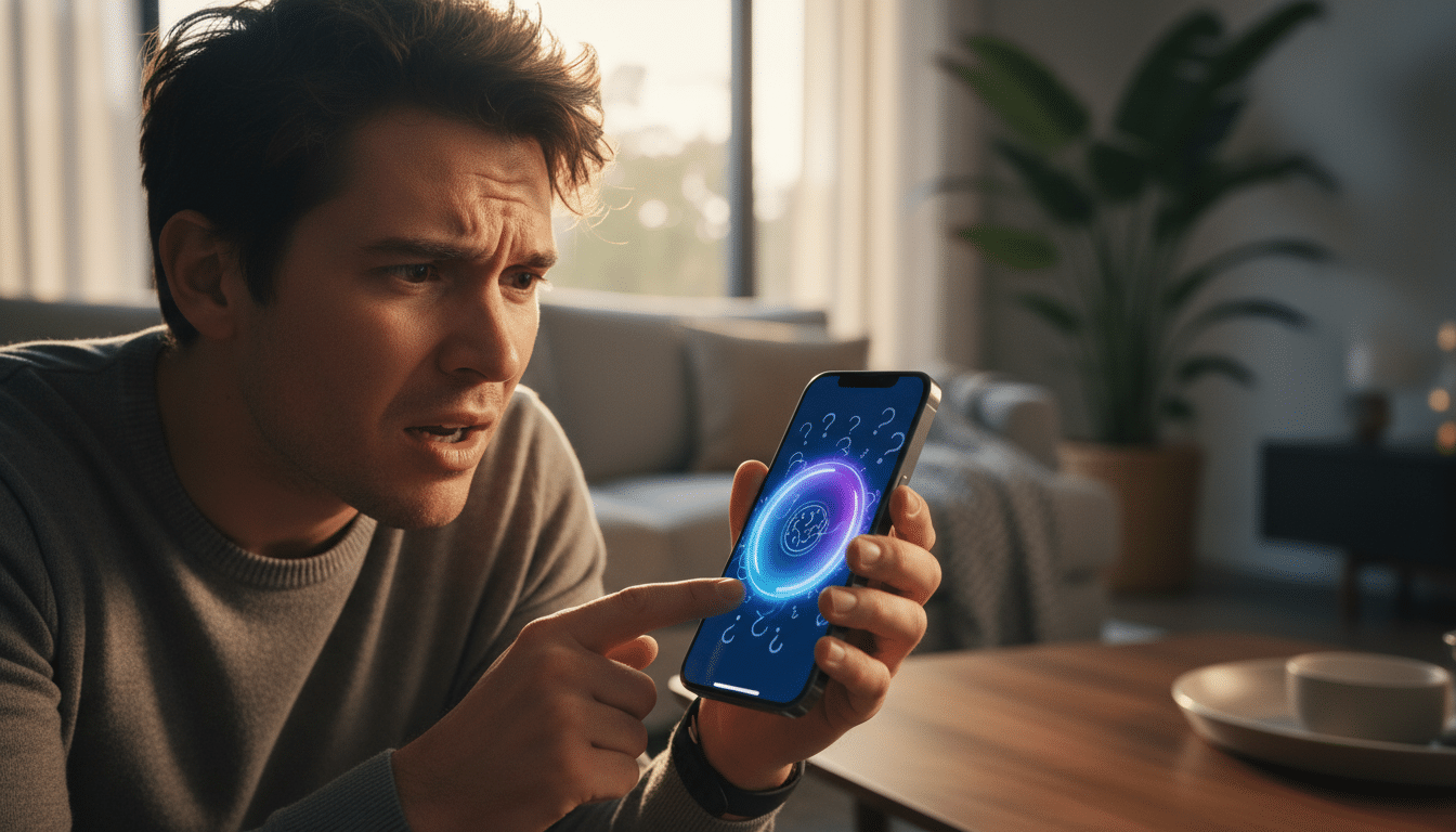 Personne frustrée tenant un iPhone avec Siri activé