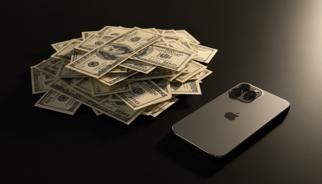 Billets de dollars empilés à côté d'un iPhone 15 Pro