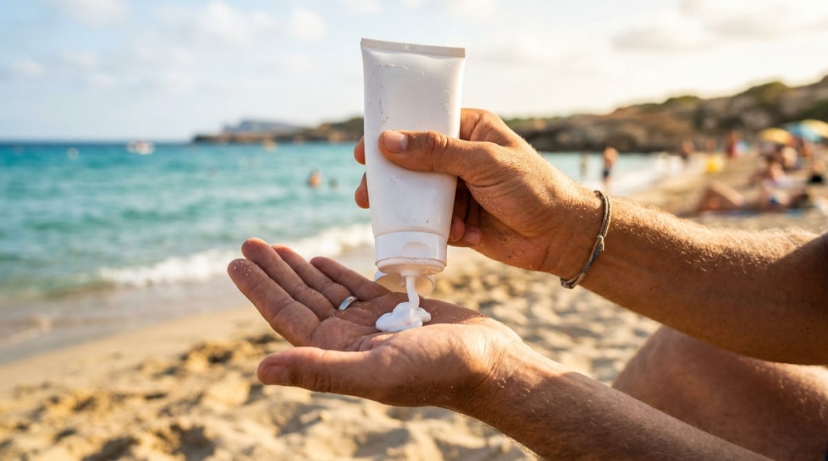 Application de crème solaire sur la main à la plage