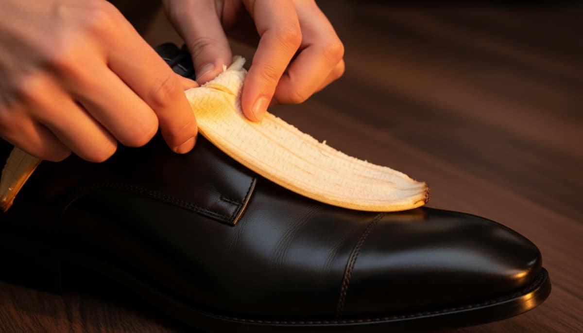 Application de peau de banane sur chaussure en cuir noir
