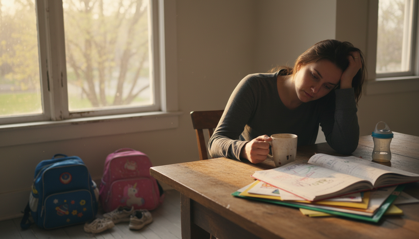 Parent épuisé buvant un café froid à l'aube
