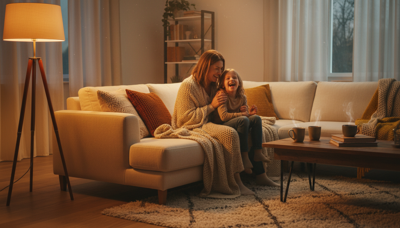 Parent et enfant riant ensemble sur un canapé