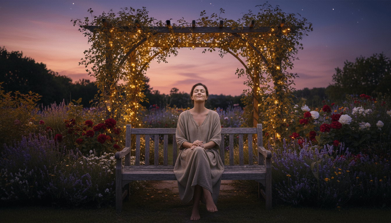 Personne sereine assise dans un jardin au crépuscule