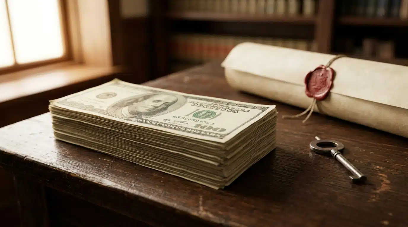 Liasse de billets de dollars sur un bureau de tribunal