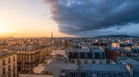 Ciel partagé entre soleil et nuages d'orage au-dessus d'une ville française