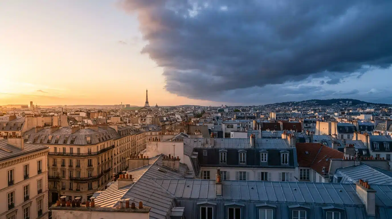 Ciel partagé entre soleil et nuages d'orage au-dessus d'une ville française