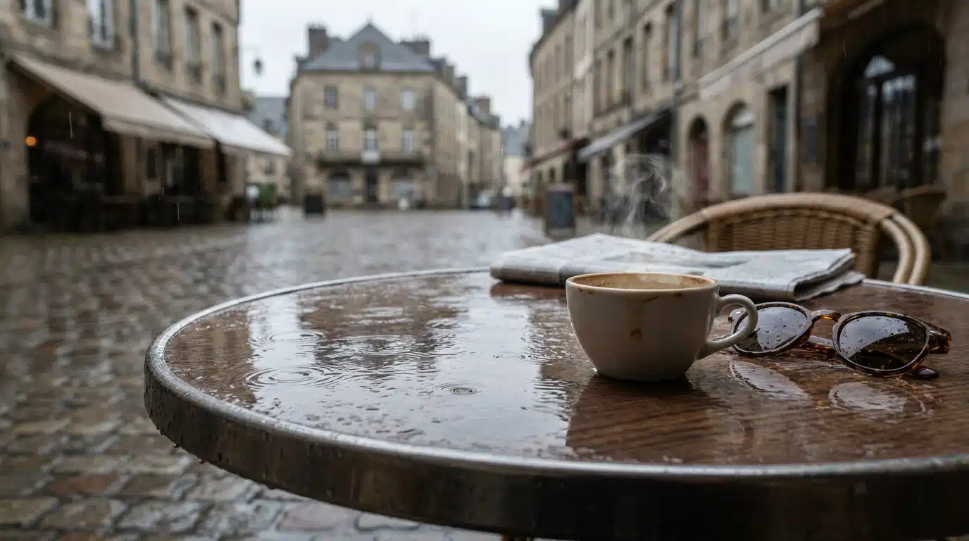 Lunettes de soleil et tasse de café sur une table mouillée par la pluie