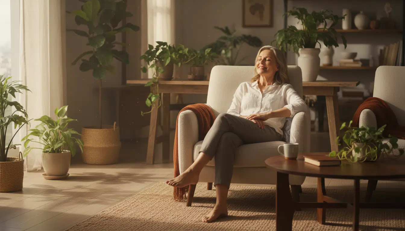 Personne sereine de 50 ans dans un intérieur chaleureux