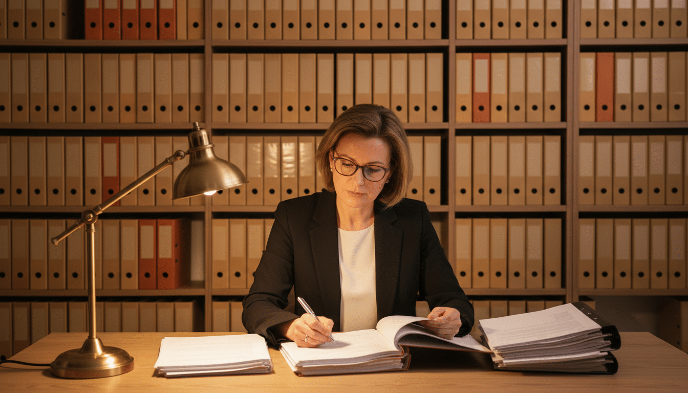 Femme méticuleuse analysant des documents à son bureau