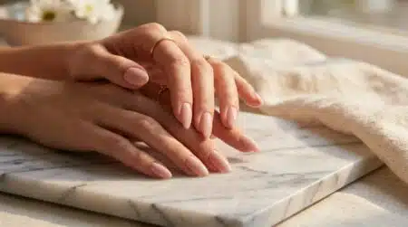 Mains élégantes aux ongles vernis nude rosé sur marbre