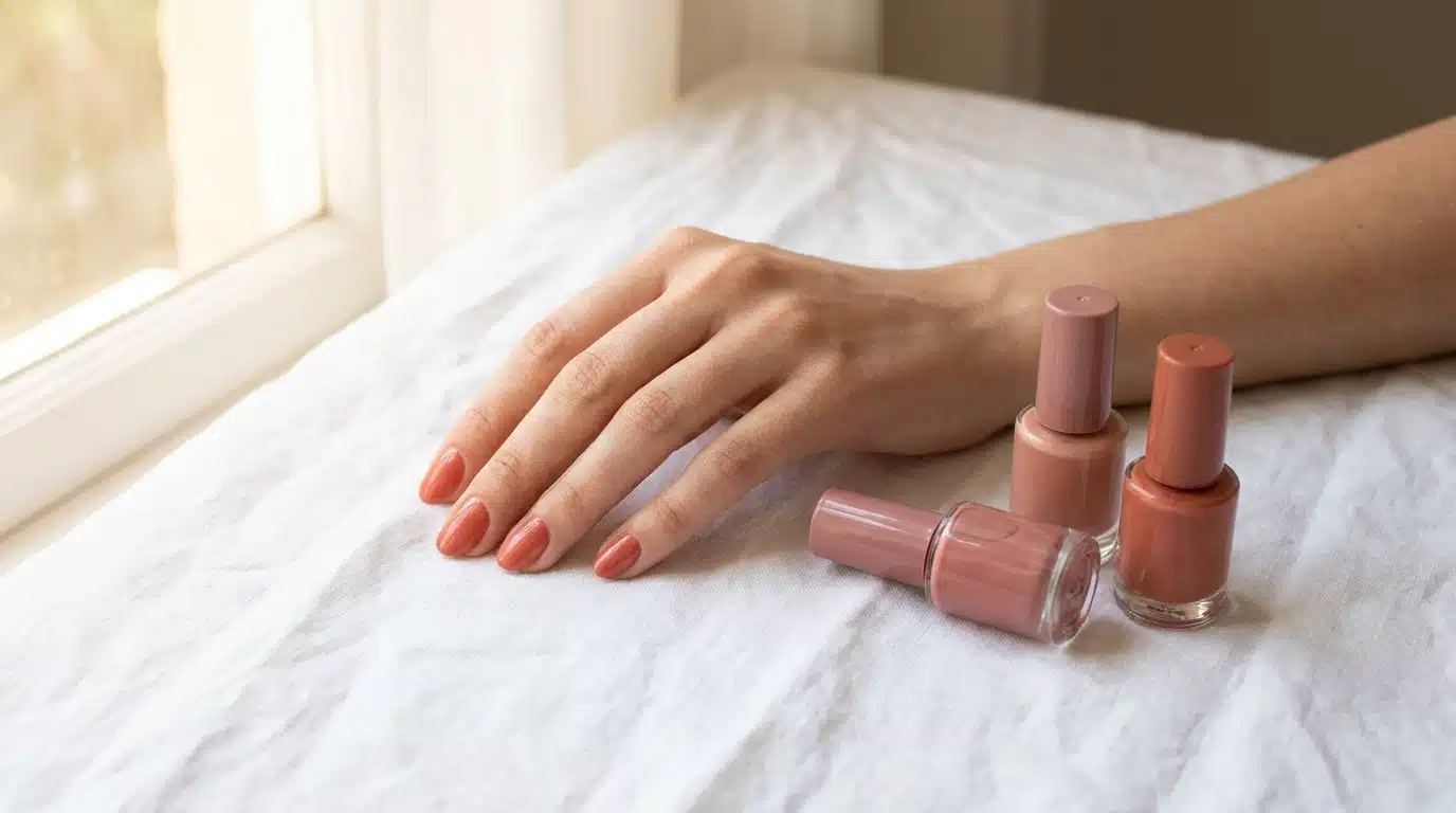Ongles ovales vernis corail brillant près de flacons pastel
