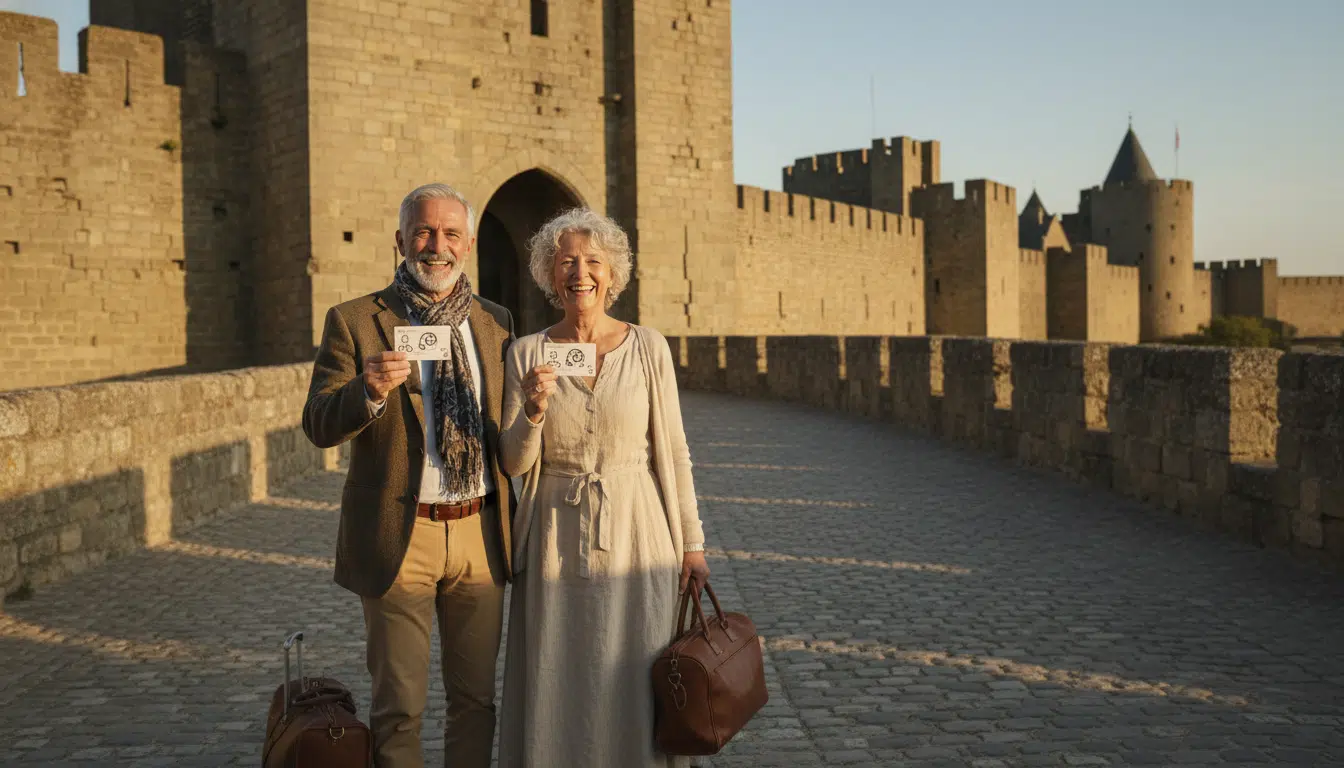 Couple de retraités devant une forteresse médiévale française