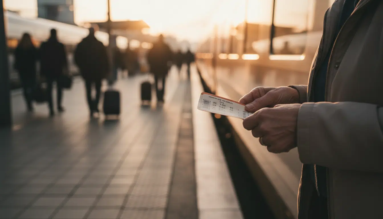 Main de senior tenant un billet TGV en gare