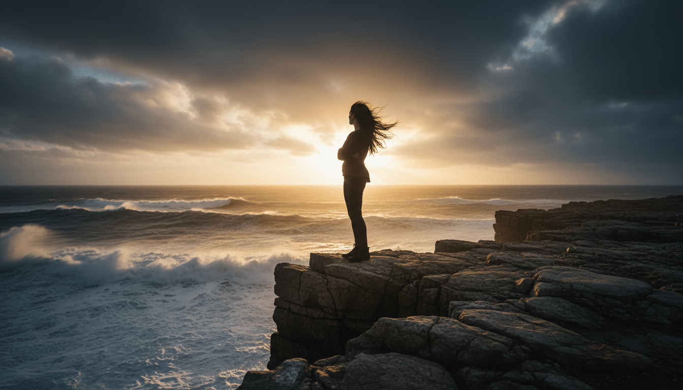 Silhouette face à une tempête sur une falaise au coucher du soleil