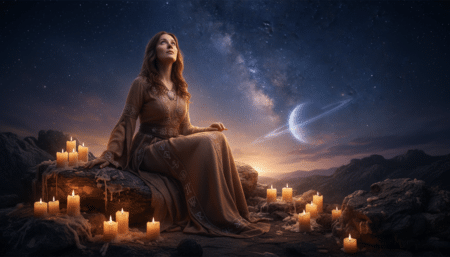 Femme contemplant un ciel étoilé dans une ambiance mystique