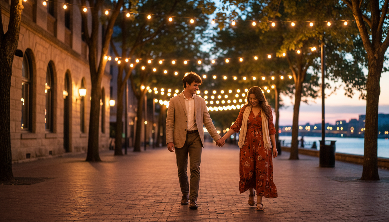 Couple marchant au crépuscule sous des lumières chaleureuses
