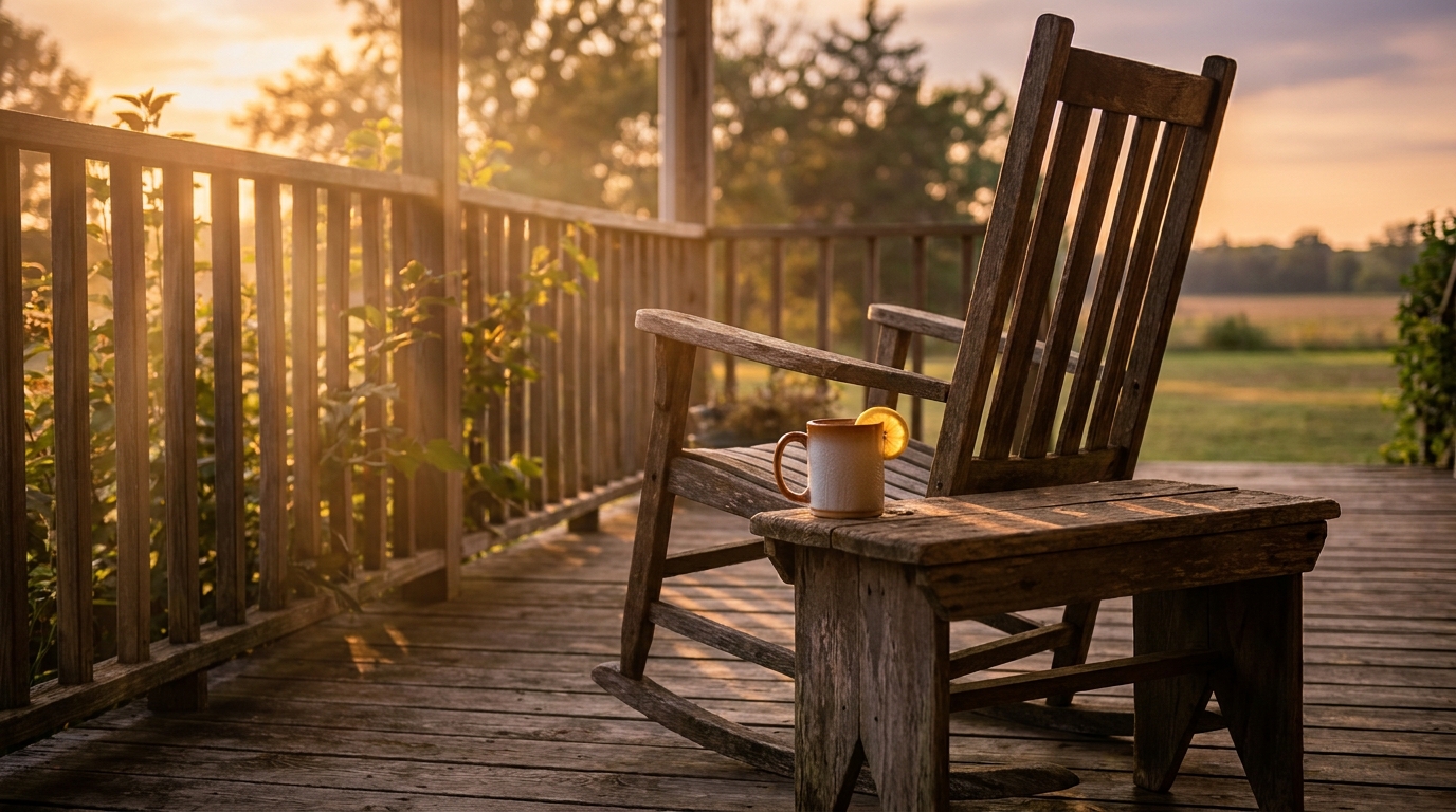 Chaise à bascule vide sur une terrasse ensoleillée