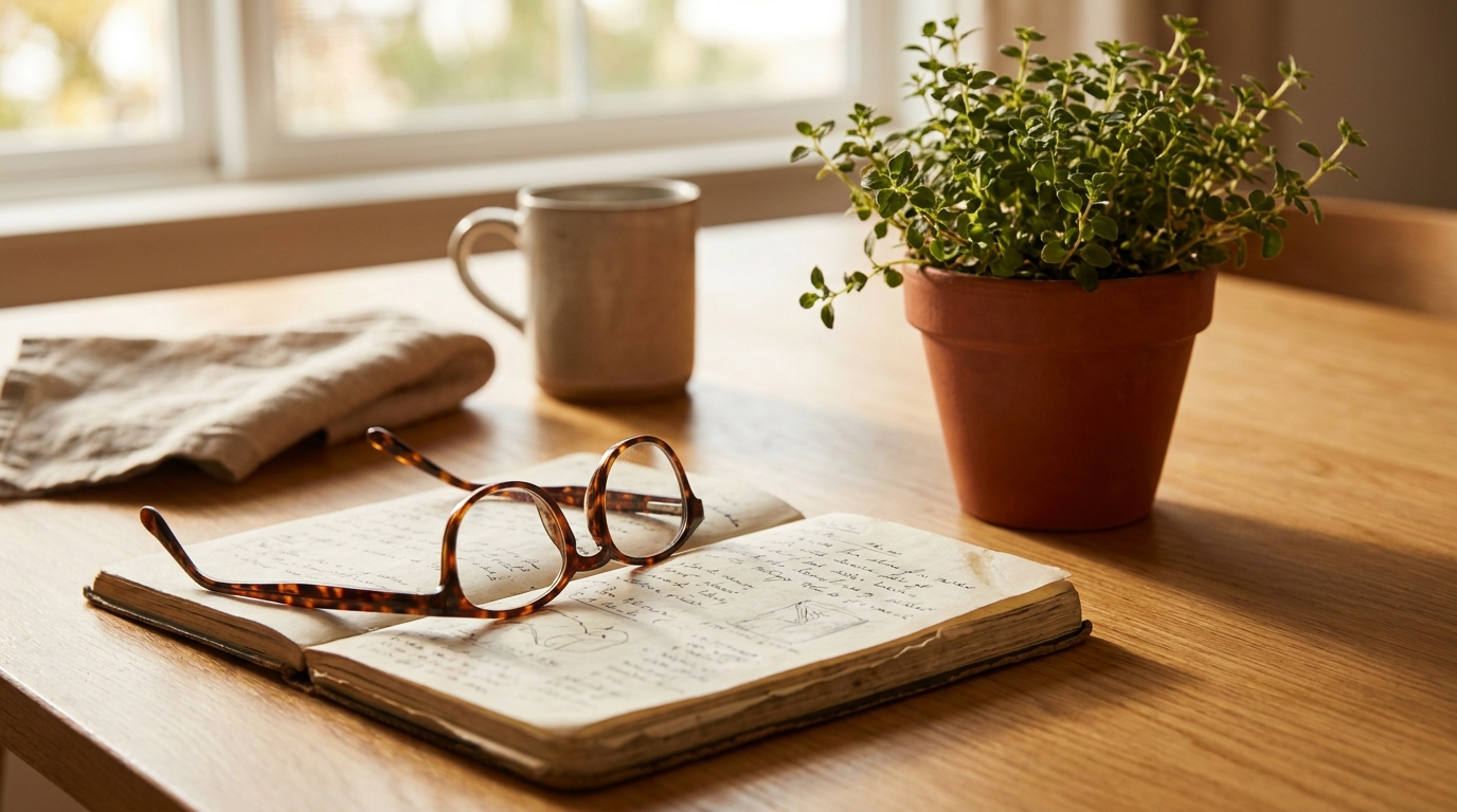 Lunettes de lecture posées sur un carnet ouvert