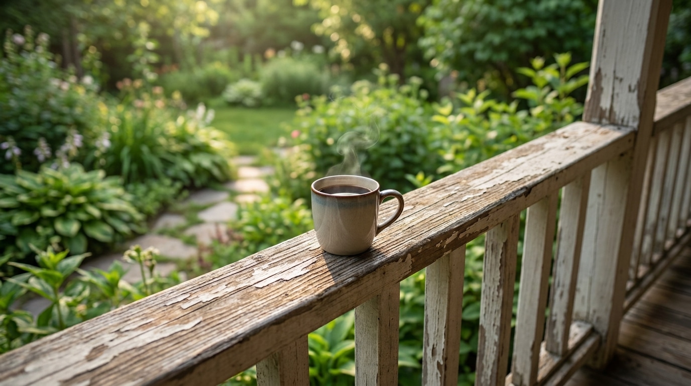 Tasse de café fumant posée sur une rambarde en bois face à un jardin