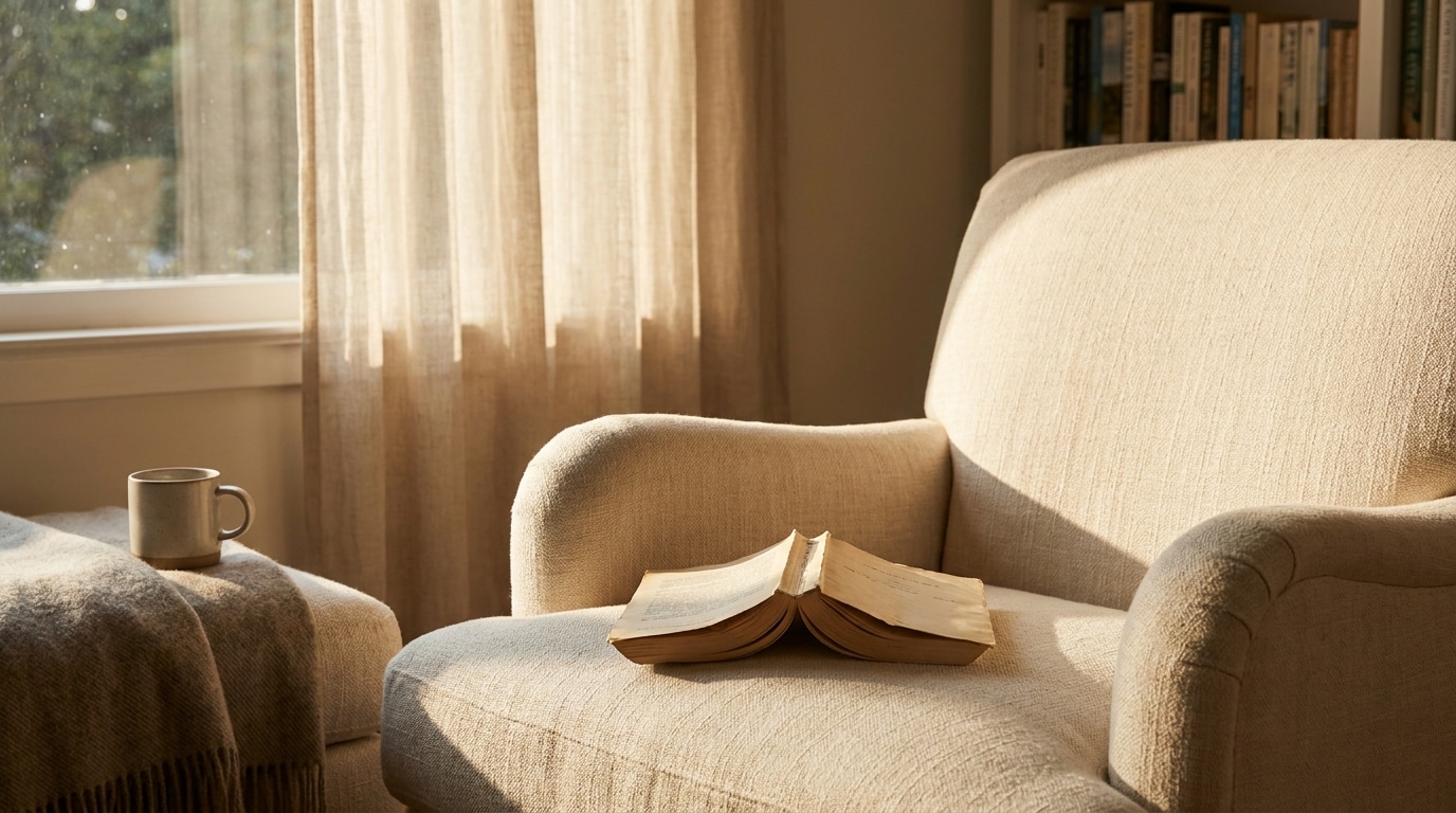 Livre ouvert posé sur un fauteuil en lin baigné de lumière dorée