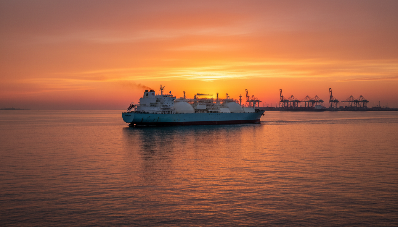Méthanier GNL naviguant en mer au coucher du soleil