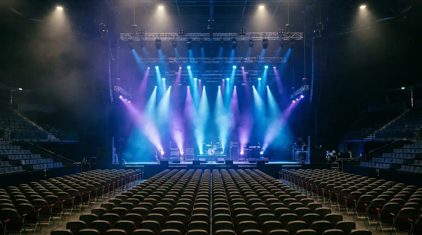 Scène de concert vide vue depuis les sièges du public, éclairages bleus et violets dramatiques