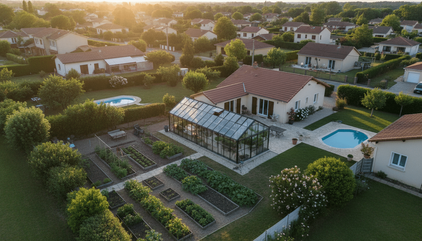 Vue aérienne d'un jardin avec serre non déclarée