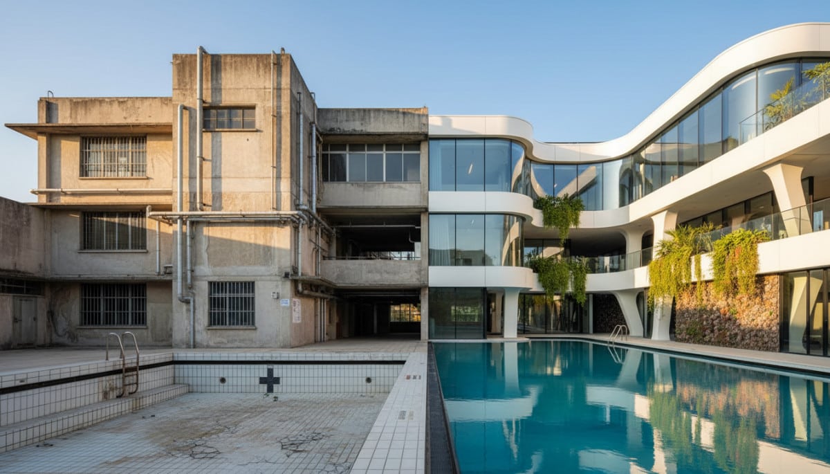 Architecture comparée d'une piscine ancienne et d'un centre aquatique moderne.