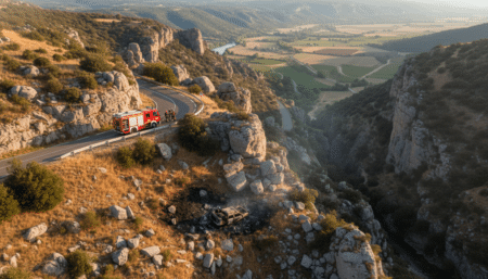 Carcasse calcinée d'une voiture au fond d'un ravin en Ardèche