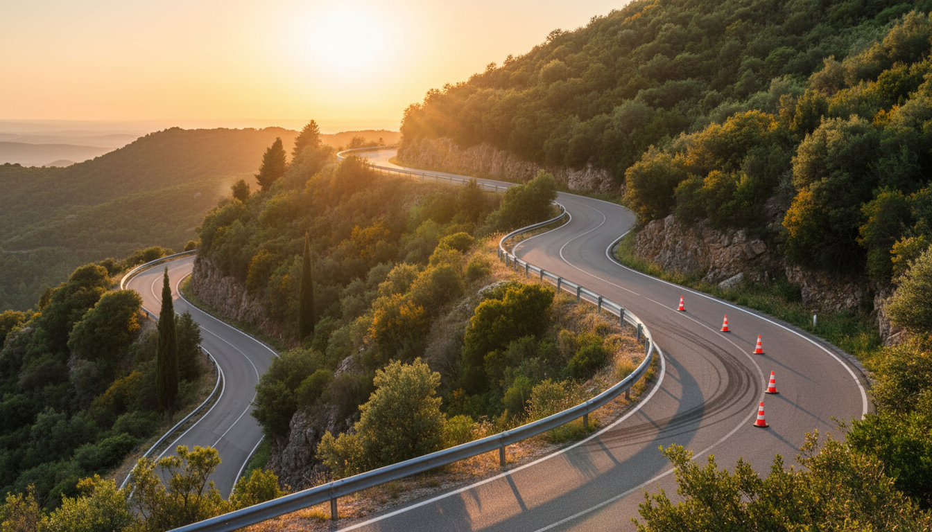 Route sinueuse en bordure de falaise en Ardèche avec glissières de sécurité