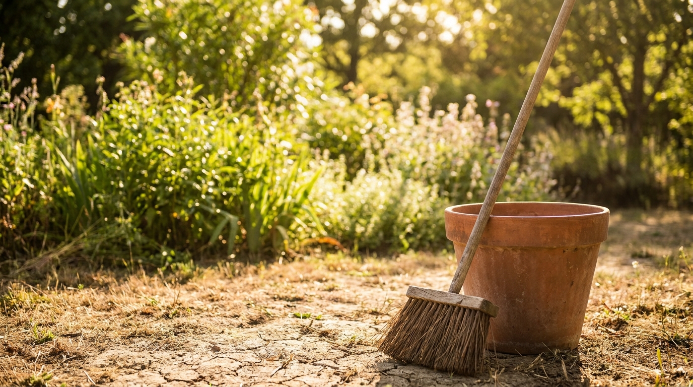 Balai à l'eau posé dans un jardin ensoleillé en été