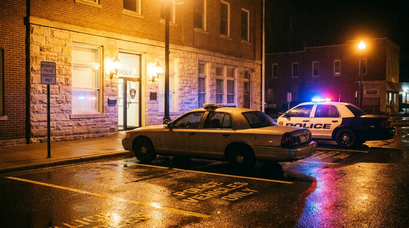 Parking de commissariat américain de nuit avec gyrophares