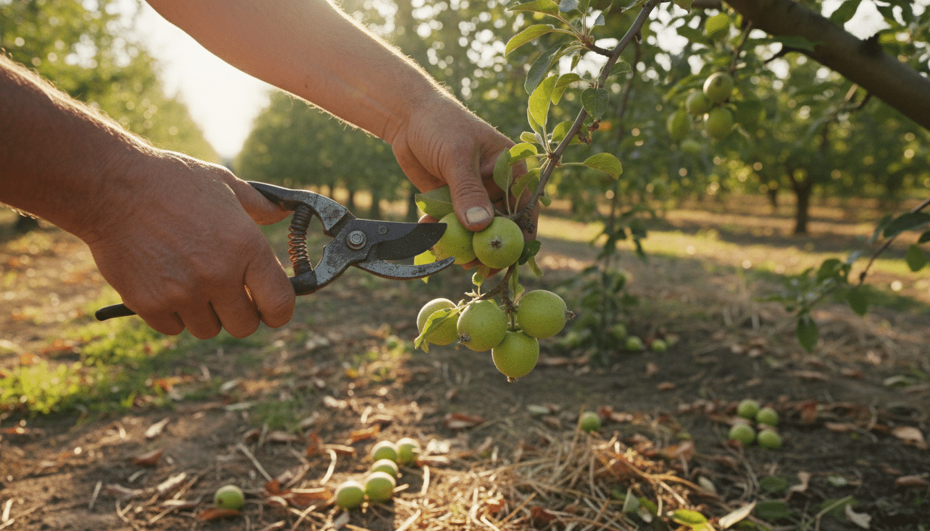 Éclaircissage des jeunes pommes sur une branche au verger