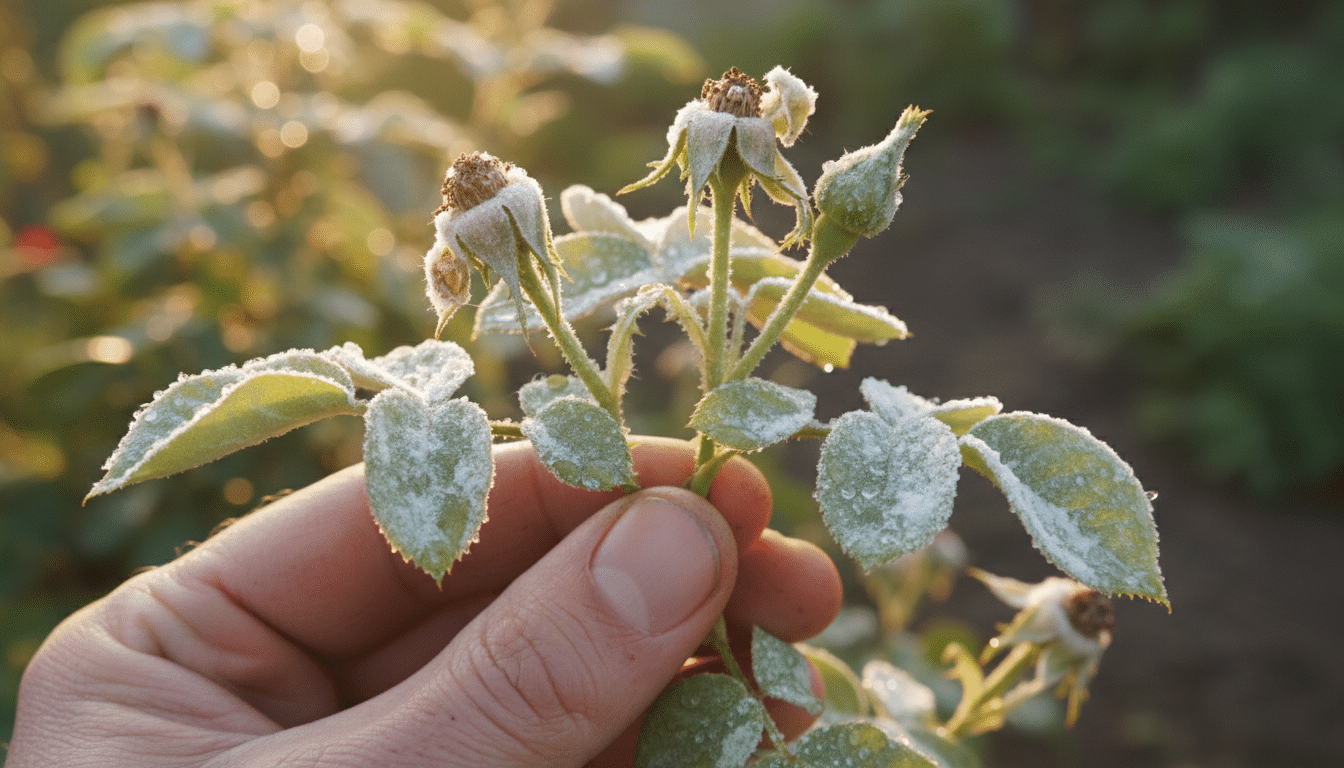 Oïdium blanc sur feuilles et boutons de rosier