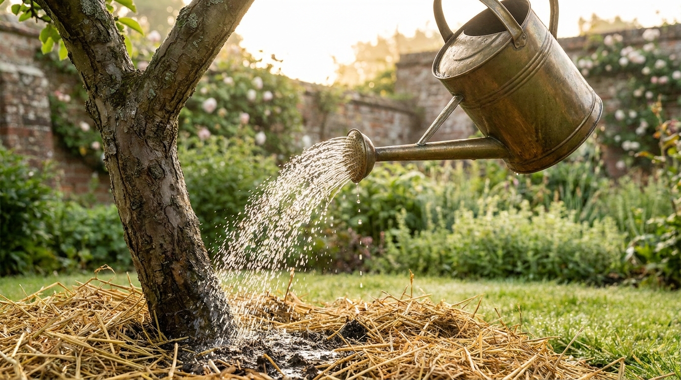 Arrosoir versant de l'eau au pied d'un arbre fruitier paillé