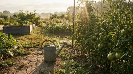Arrosoir posé sur terre craquelée dans un potager à l'aube