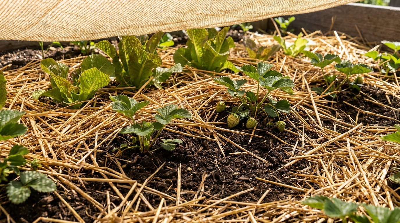 Paillage de paille autour de jeunes plants de salade au soleil