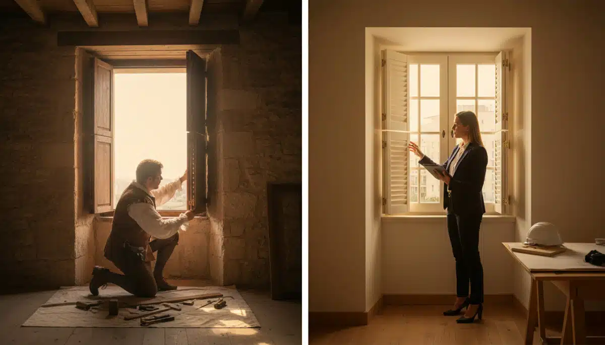 artisan installant volets intérieurs XVIIe siècle maison pierre