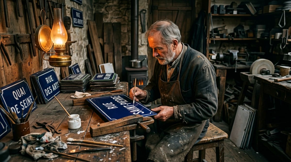 Artisan peignant une plaque de rue émaillée au XIXe siècle