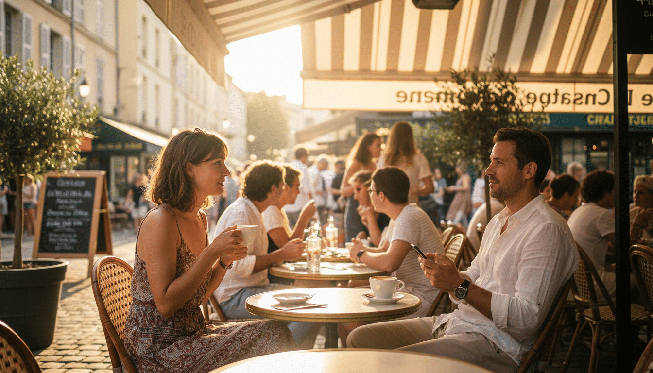 Deux inconnus échangeant un regard en terrasse