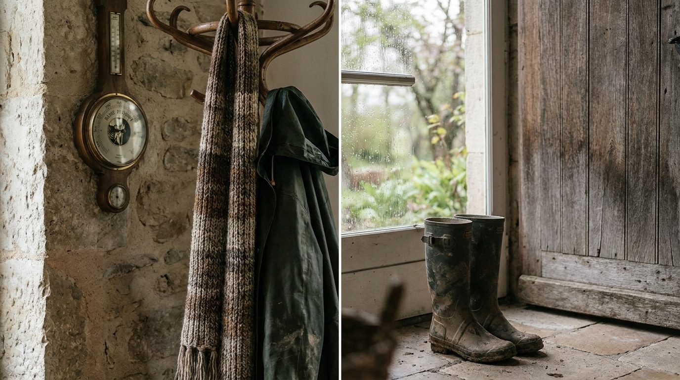 Vêtements chauds et imperméable près d'une porte de ferme
