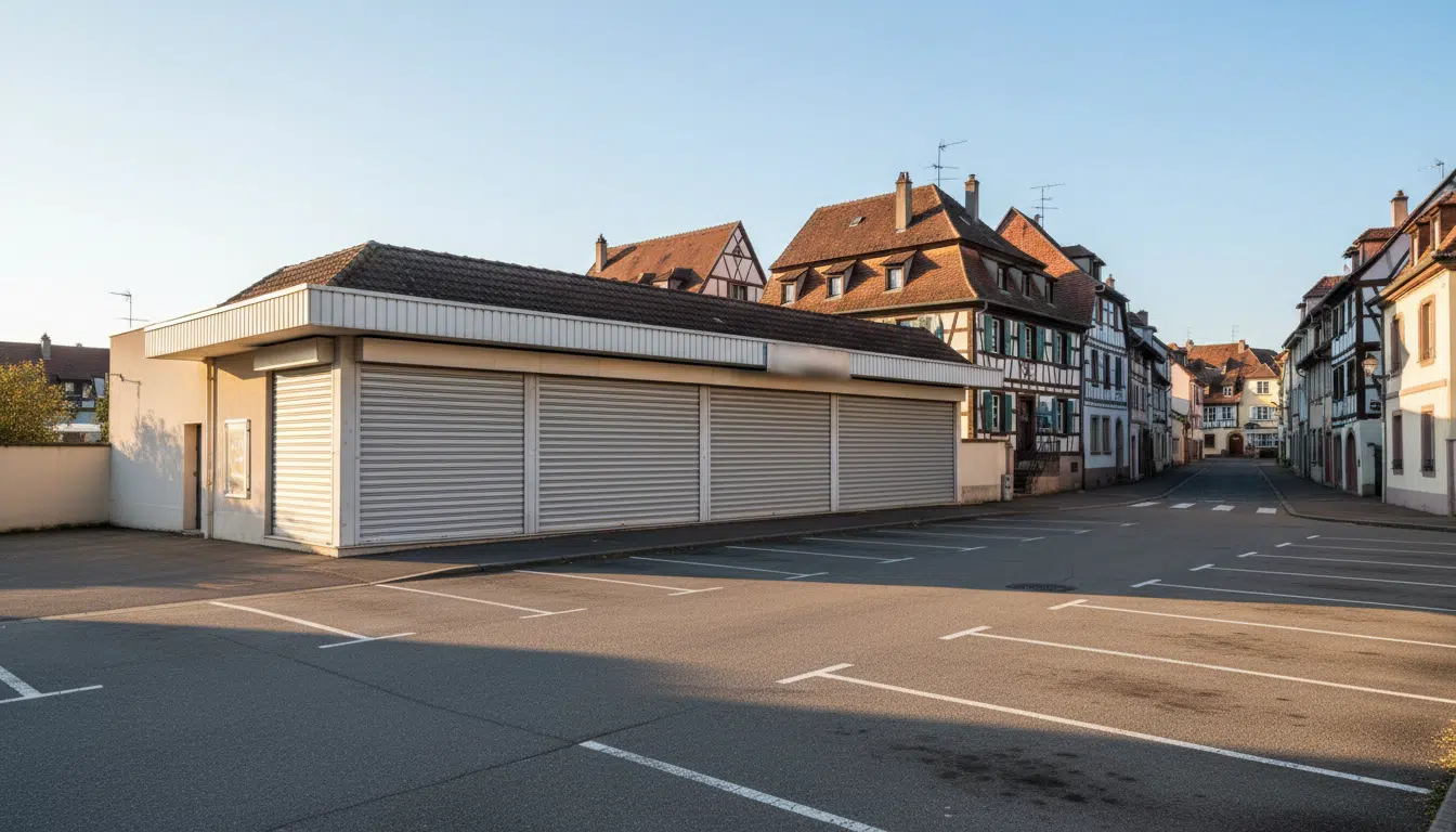 Supermarché fermé avec rideaux baissés en Alsace