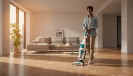 Personne utilisant un Bissell Crosswave sur parquet