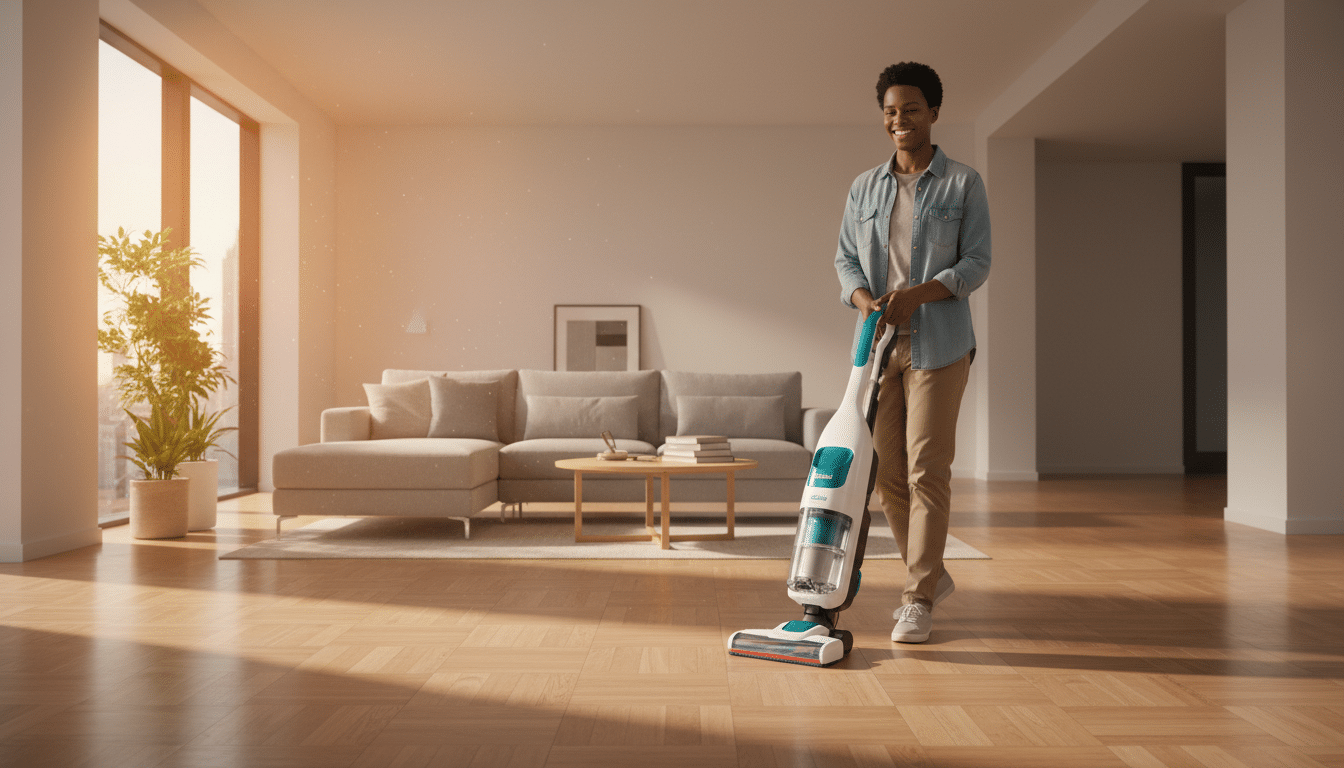 Personne utilisant un Bissell Crosswave sur parquet