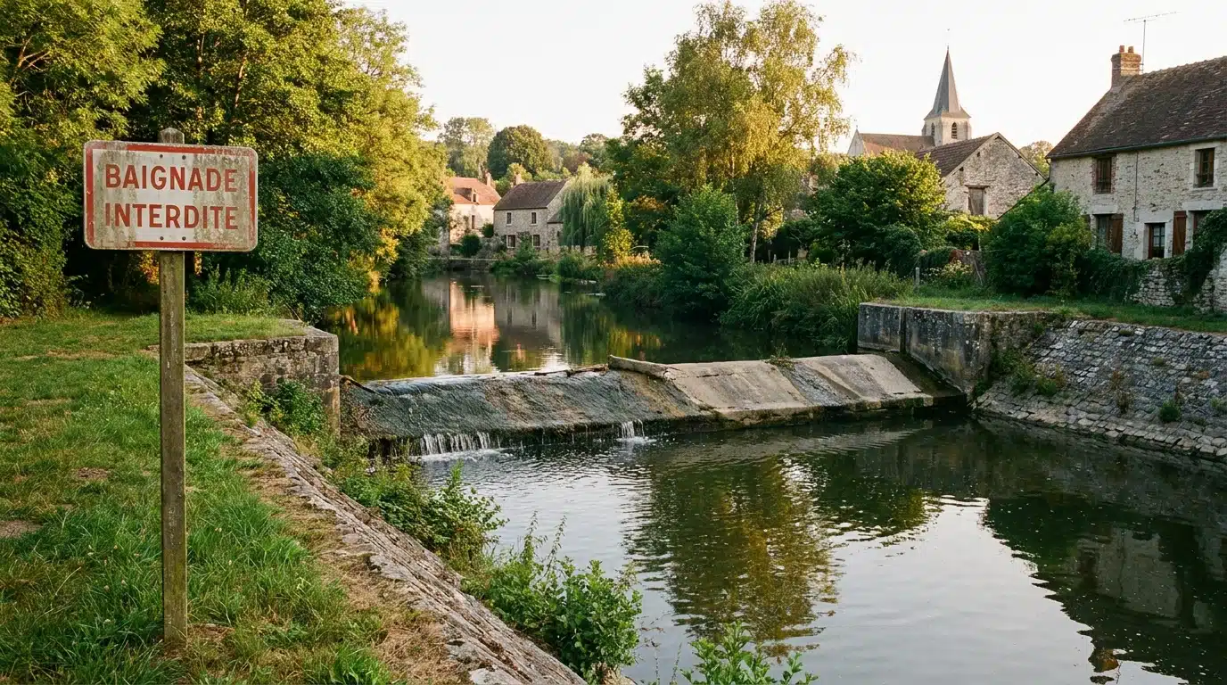 Barrage sur la Seine avec panneau d'interdiction de baignade