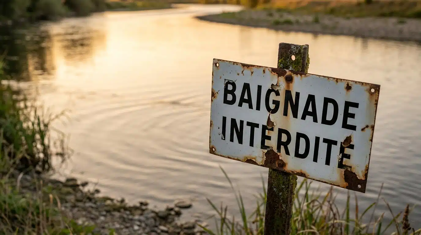 Panneau interdiction de baignade au bord d'une rivière